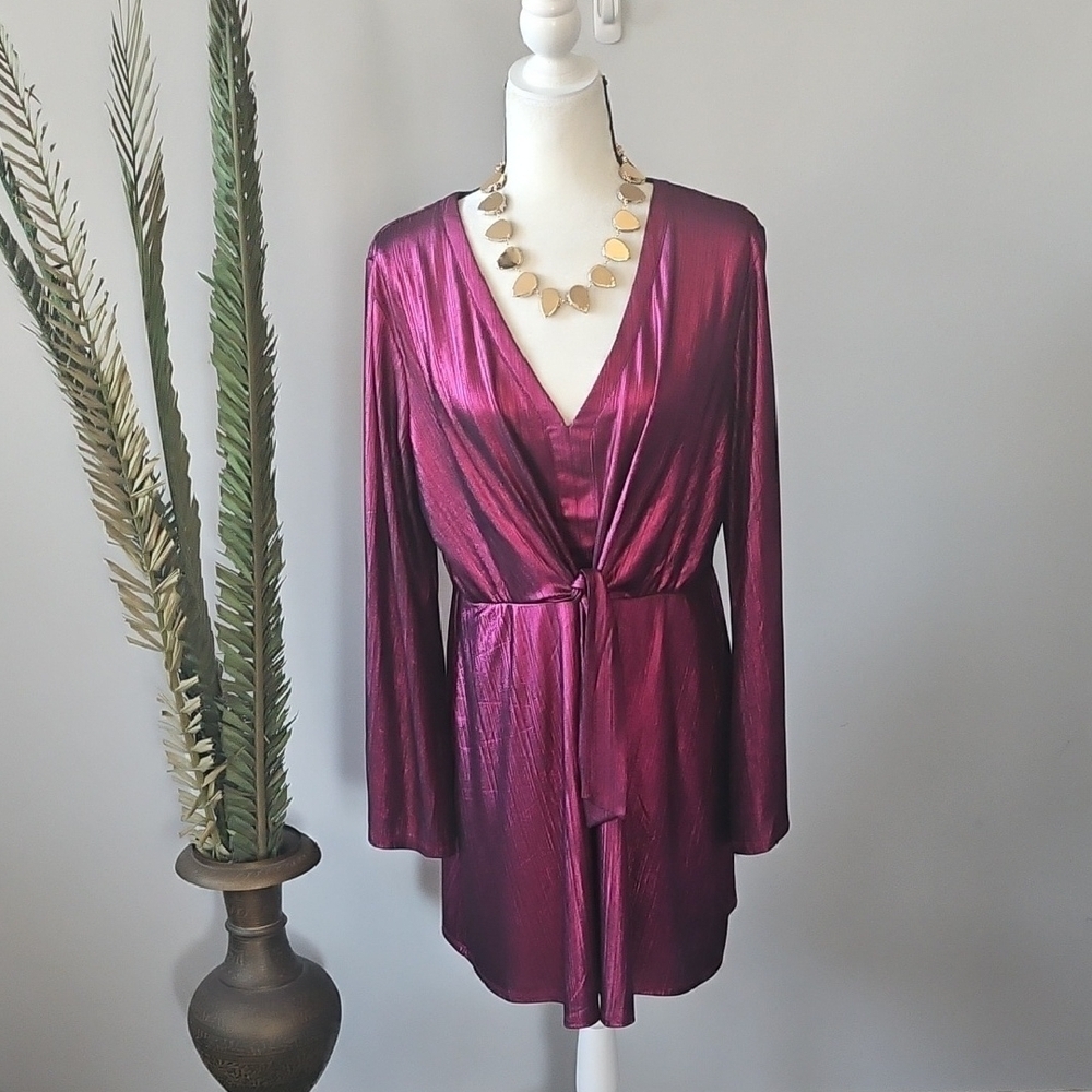Cato Shimmering Purple/Pink V-Neck Tie Front Dress NWOT